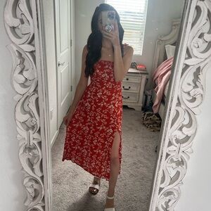 Lulu's Red Floral Midi Dress with Side Slit